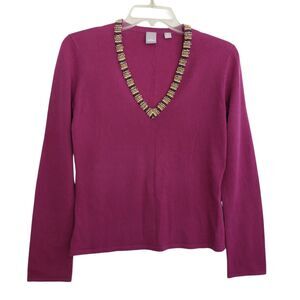 Cullen Women's 100% Cashmere V-neck Sweater, Decorative Neckline, Size Small